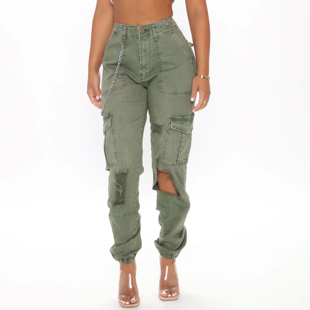 Olive Green Distressed Cargo Pants